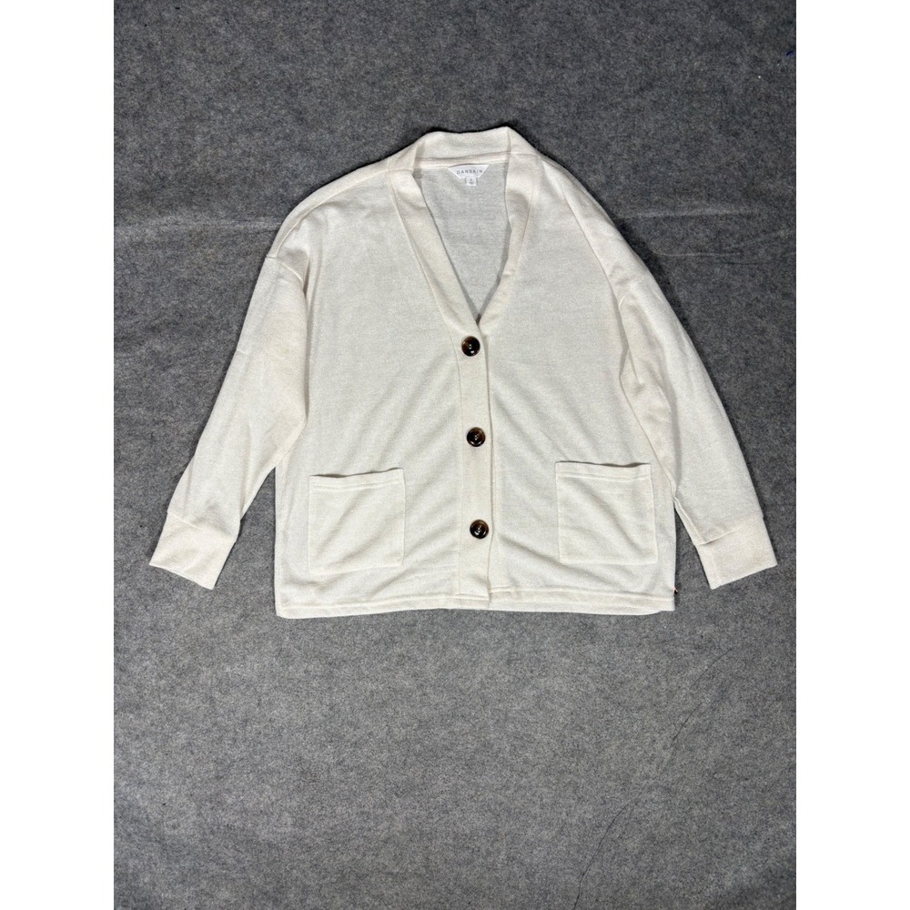 Danskin‎ Womens Cream Cardigan Sweater V Neck Button Front Pockets Size L